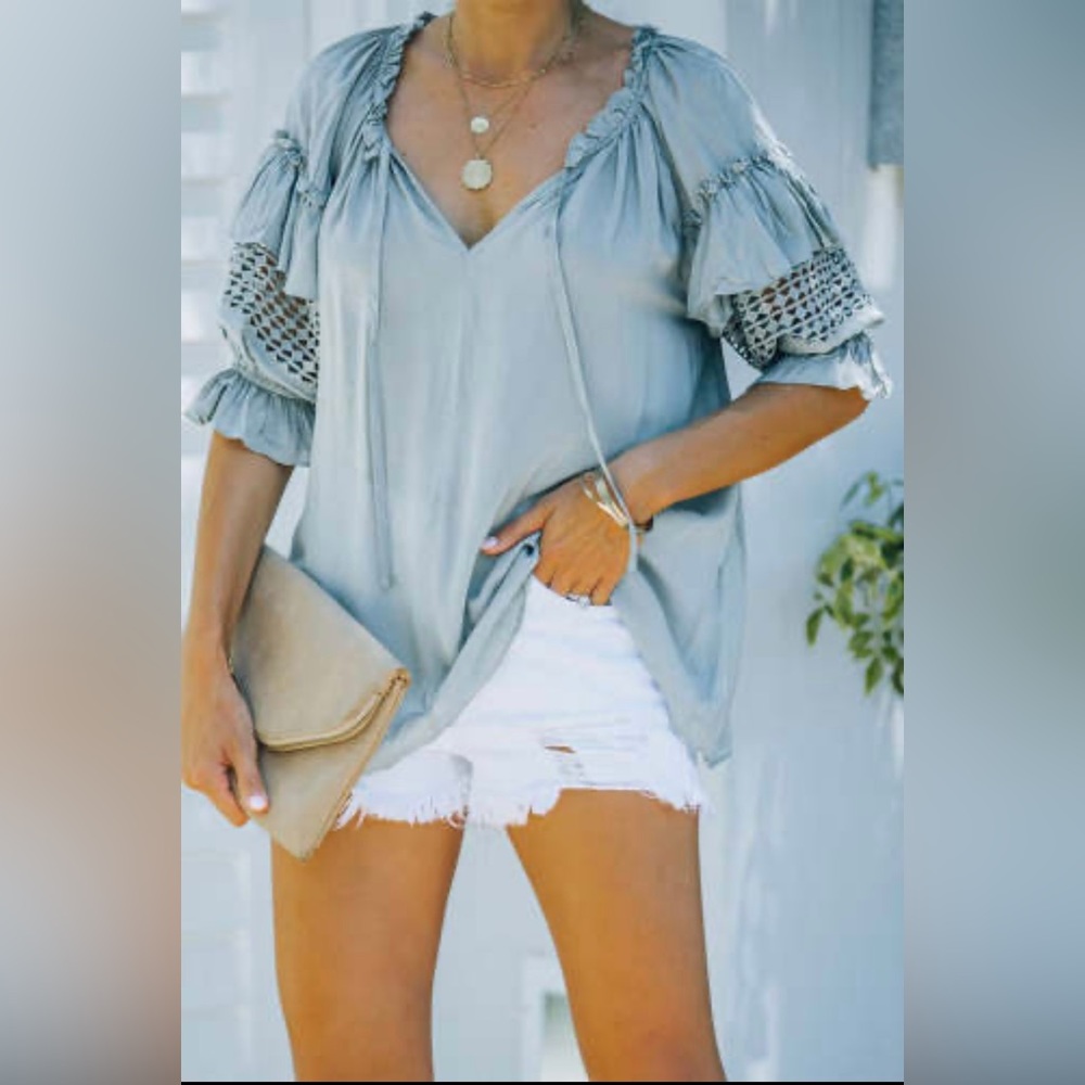 Mustard Seed Split Neck Crochet Peasant Blouse